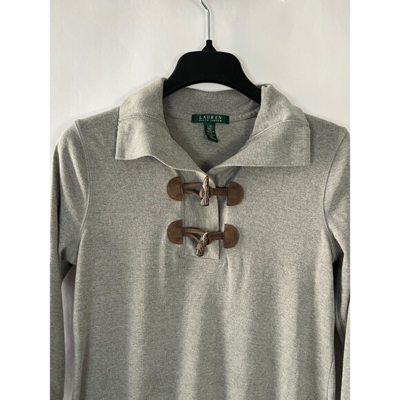 Lauren Ralph Lauren Sz L Stretch Knit Collar Dress Wood Leather Toggle Preppy - Picture 2 of 10